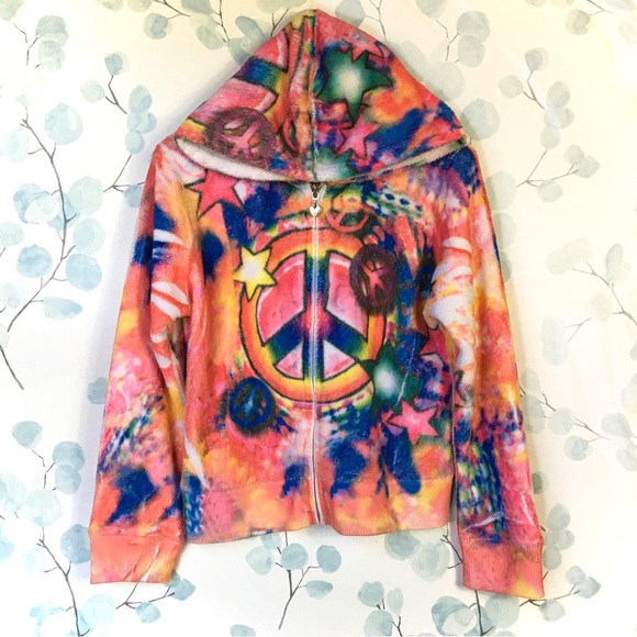 Justice Kids Rainbow Tie Dye Fleece Hoodie Sweatshirt Peace Stars Heart Zipper - Picture 6 of 14
